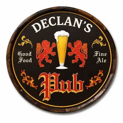 Handmade 20 inch quarter barrel pub sign with 3D relief Declan’s Pub design front view