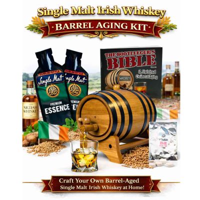 Dublin Single Malt Irish Whiskey making kit featuring oak barrel aging system, premium essence pouches, Bootlegger’s Bible guide, and home whiskey gift set