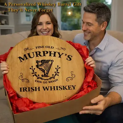 Irish whiskey barrel head lazy susan personalized gift being opened by couple with red gift wrapping