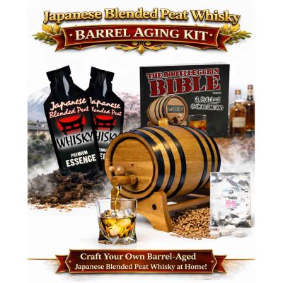 Japanese Blended Peat Whisky barrel aging kit with American white oak barrel and peated whisky essence for crafting smoky whisky at home.