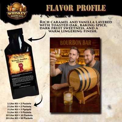 Kentucky Bourbon whiskey flavor profile showing caramel, vanilla, toasted oak, baking spice, and warm finish with premium essence pouch and oak barrel