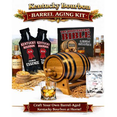 Kentucky Bourbon barrel aging kit hero image featuring charred oak barrel, bourbon essence pouches, glass of bourbon, grains, and complete home whiskey gift set