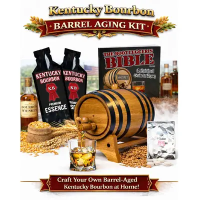 Kentucky Bourbon barrel aging kit hero image featuring charred oak barrel, bourbon essence pouches, glass of bourbon, grains, and complete home whiskey gift set