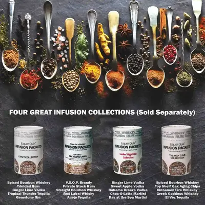 Four Liquor Quik® infusion collections featuring gourmet alcohol flavor packets for whiskey, rum, vodka, tequila, and gin infusion at home.