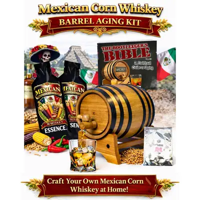 Mexican Corn Whiskey barrel aging kit with American oak barrel, whiskey essence packets, glass of whiskey on ice and cultural heritage backdrop