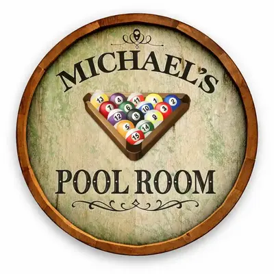 Michael’s Pool Room 20–21 inch round wooden barrel head sign featuring 3D billiard ball rack and vintage lettering.