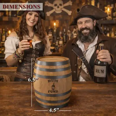 Mini oak barrel piggy bank dimensions showing 6.5 inch height and 4.5 inch width on pirate themed bar background