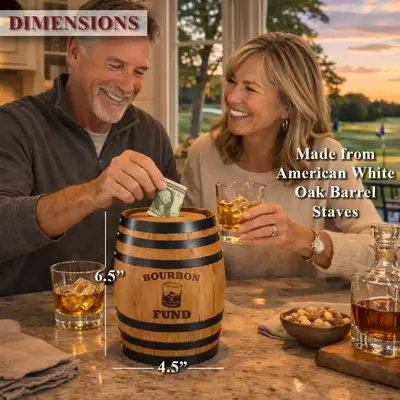 Mini oak barrel piggy bank dimensions 6.5 inches tall and 4.5 inches wide made from real American white oak barrel staves