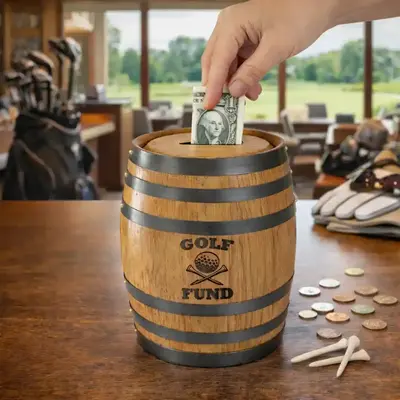 Mini oak barrel Golf Fund piggy bank on a country club counter with golf clubs, tees, and change while a hand places money into the barrel savings bank.