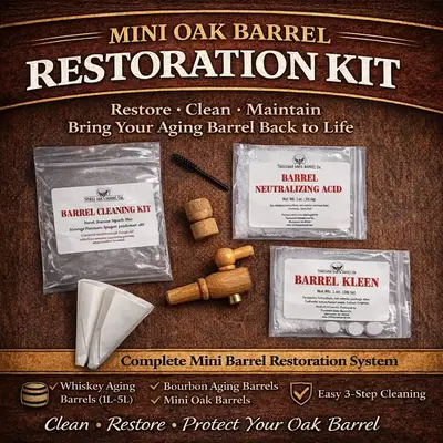 Mini oak barrel restoration kit showing barrel kleen cleaner, neutralizing acid, spigot brush and barrel maintenance accessories