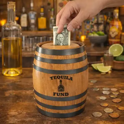 Hand placing dollar bill into mini oak barrel piggy bank engraved with Tequila Fund graphic on rustic tequila bar counter