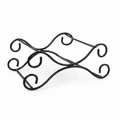 Black wrought iron barrel stand designed for 1 liter and 2 liter mini oak aging barrels used for whiskey, bourbon, rum, and cocktail aging kits.