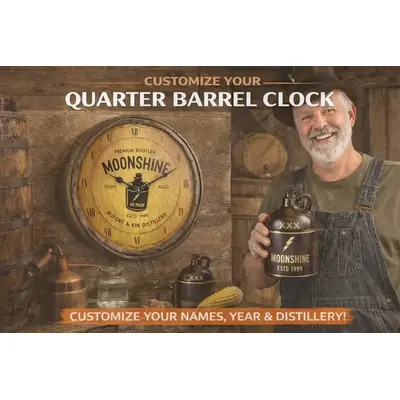 Rustic moonshine distillery decor featuring personalized barrel clock with moonshine jug graphic mounted in rustic distillery setting.
