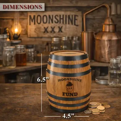 ini oak barrel Moonshine Fund piggy bank showing dimensions 6.5 inches tall and 4.5 inches wide on a rustic moonshine themed bar shelf with jars and distilling equipment.