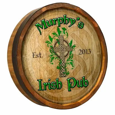 Personalized Irish Pub quarter barrel sign printed on real wood with custom name and established year