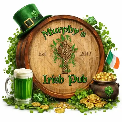 Irish pub barrel end wall decor with shamrocks, green beer and festive St. Patrick’s Day elements