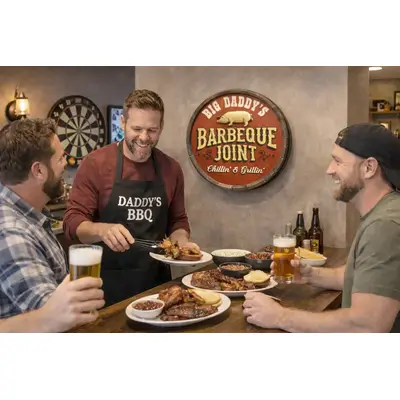 Friends enjoying beer and barbecue in front of personalized quarter barrel BBQ sign