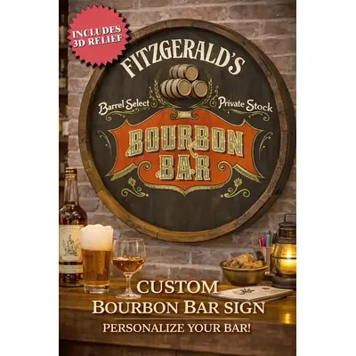 Close-up of Fitzgerald’s Bourbon Bar barrel end sign highlighting 3D relief barrels and handcrafted wood construction.