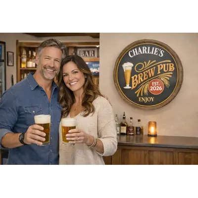 Personalized Charlie’s Brew Pub barrel head sign displayed above home bar with couple holding beer glasses.