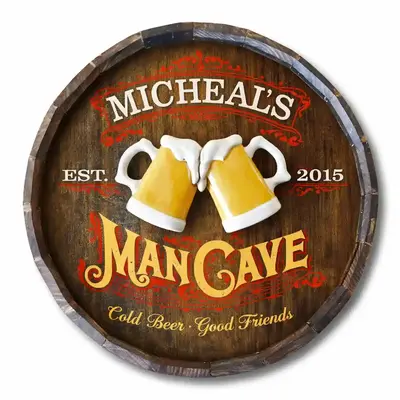 Front view of personalized quarter barrel man cave sign with 3D relief beer mugs and custom name
