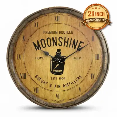 Personalized moonshine quarter barrel clock with rustic wood barrel head design and moonshine jug graphic custom distillery sign wall decor.