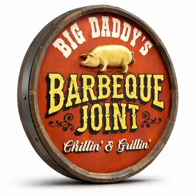 Handmade barrel end BBQ sign mounted on brick wall showing raised 3D pig detail