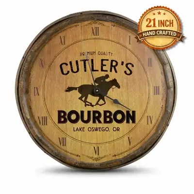 Personalized quarter barrel clock featuring custom name and city text on a bourbon barrel head style wall clock with horse racing graphic.