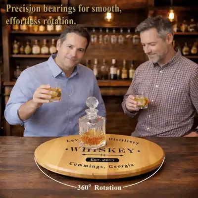 Personalized whiskey barrel head lazy susan with smooth 360 degree rotation and crystal whiskey decanter