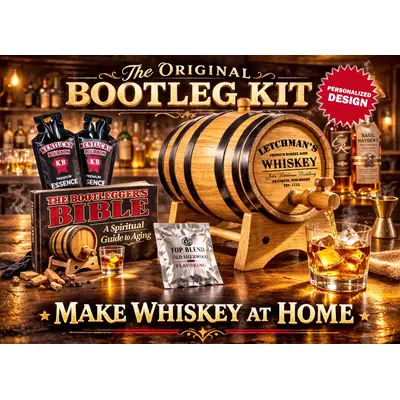 Personalized Bootleg Whiskey Making Kit featuring custom engraved American white oak barrel with working spigot, whiskey pouring into glass, whiskey essence packets, and Bootlegger’s Bible guide on bar counter.