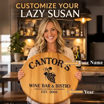 Woman holding personalized wine barrel head lazy susan custom engraved with family name