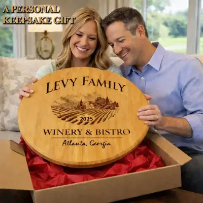 Couple opening personalized barrel head lazy susan gift with custom engraved family name and vineyard design.