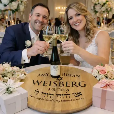 Bride and groom toasting with wine glasses over a personalized wine barrel head lazy susan engraved with names and wedding date, used as a Jewish wedding gift and wine serving centerpiece.