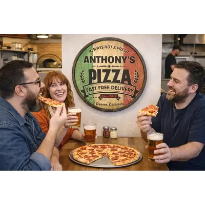 Personalized quarter barrel pizza sign displayed in restaurant setting with friends eating pizza