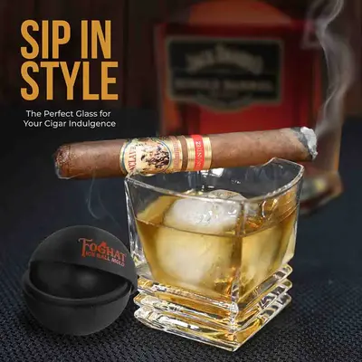 Premium bourbon glass with cigar holder and round ice mold gift set for whiskey lovers.