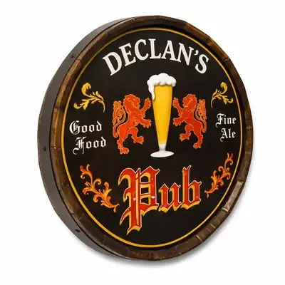 Angled view of handmade wooden barrel end pub sign showing real wood staves and metal band