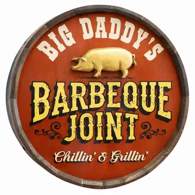 Front view of handmade personalized BBQ barrel sign with bold BARBEQUE JOINT lettering