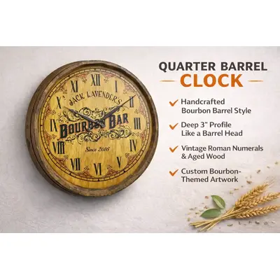 Quarter barrel clock product graphic highlighting handcrafted bourbon barrel style design, vintage Roman numerals, and rustic aged wood construction.