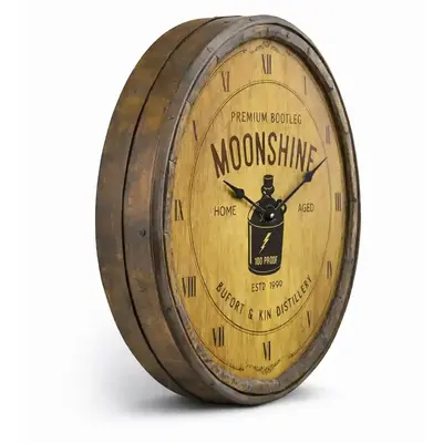 Side view of handcrafted quarter barrel clock showing deep 3-inch barrel head profile rustic moonshine distillery wall clock decor.