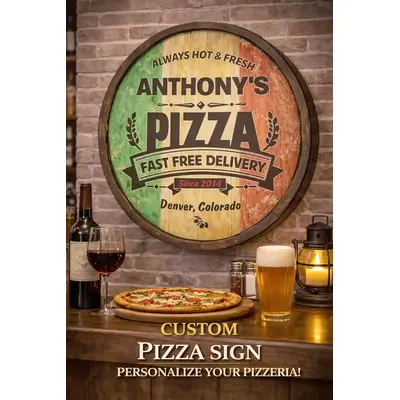 Handmade 20 inch round pizza barrel sign displayed in family kitchen with pizza dinner scene