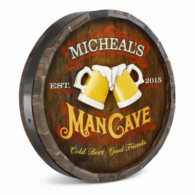 Side view of quarter barrel sign showing dimensional thickness and 3D relief beer mug detail