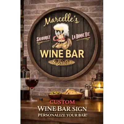 Handmade wooden quarter barrel wine bar sign installed in upscale wine room interior