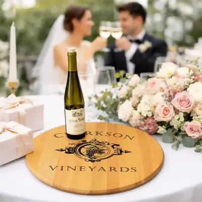Personalized wine barrel head lazy susan centerpiece displayed at wedding reception table with wine bottle and floral arrangement