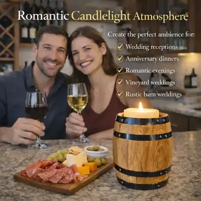Romantic wooden barrel candle holder creating candlelight ambiance for anniversary dinner, romantic evening, or rustic wedding decor.