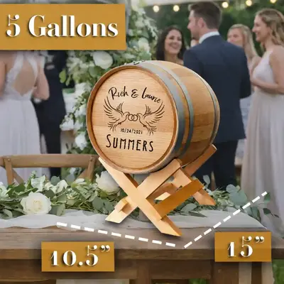Oak wedding card barrel with engraved names showing dimensions and 5 gallon capacity on wooden stand.
