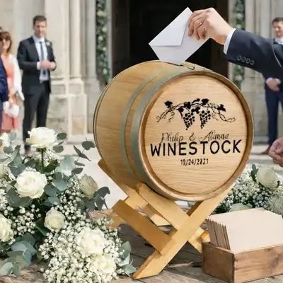 Guest placing envelope into rustic wedding card barrel at outdoor wedding ceremony entrance
