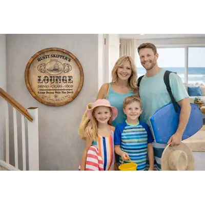 Rusty Skipper’s Lounge 20–21 inch handmade nautical quarter barrel sign displayed in coastal home entryway with family.