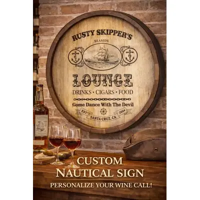 Custom nautical barrel head sign mounted on brick wall above bar with wine glasses and bottle. Hero Image