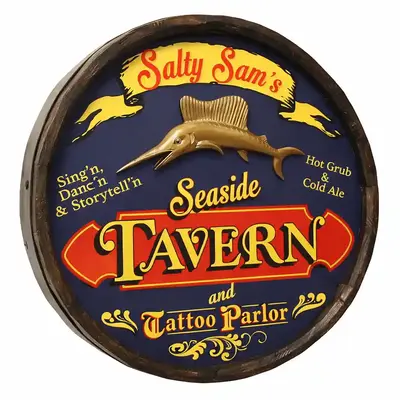 Salty Sam’s Seaside Tavern round wooden barrel head sign featuring raised 3D sailfish and bold tavern lettering.