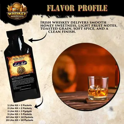 Dublin-style Single Malt Irish Whiskey flavor profile with notes of honey sweetness, light fruit, toasted barley, soft spice, and clean finish shown with premium essence pouch