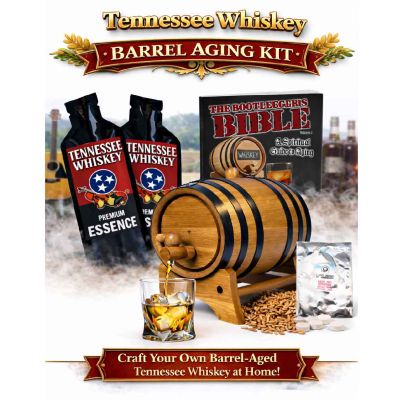 Tennessee Whiskey barrel aging kit with American oak barrel, premium essence packets, aged whiskey glass, and complete home aging accessories.